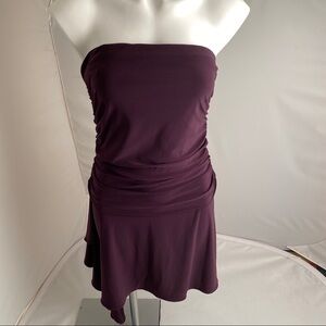 Marciano plum purple strapless ruched asymmetrical side ruffle dress